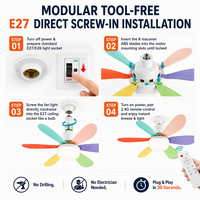 Ventilateur de plafond LED silencieux E26 E27 à 6 pales souples, petit ventilateur décoratif avec lumière pour chambre d'enfant et décoration intérieure