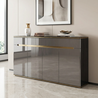 Buffet de luxe léger avec plateau en pierre frittée, meuble de rangement en MDF brillant avec finition dorée pour salle à manger et salon