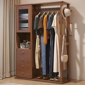 Porte-manteau moderne en bois massif avec 6 crochets et 4 étagères, meuble de rangement multifonctionnel autoportant pour chambre et salon - Product Image 1