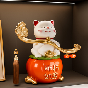Figurine de chat porte-bonheur, statue de fortune en kaki avec Ruyi doré, décoration d'intérieur porte-bonheur, cadeau de pendaison de crémaillère pour salon - Product Image 1