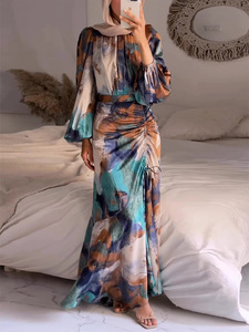 Vestido de playa con cordón de manga larga, vestido musulmán Abaya de satén para vacaciones, vestido estampado Tie Dye DE MODA PARA MUJER DE Arabia Saudita 2025 - Product Image 5