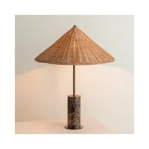 SHIHUI Hotel Bedroom Modern Natural Stone Marble Decoration 1 Light Brown Bedside Marble Table Lamps Base With Rattan Shade