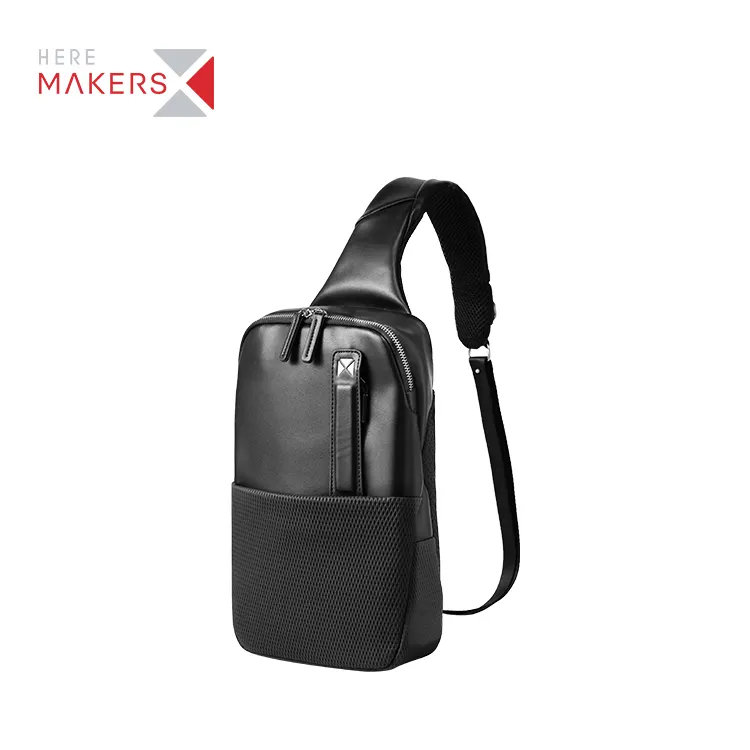 Custom black polyester pu men waterproof shoulder crossbody bag sling chest bag