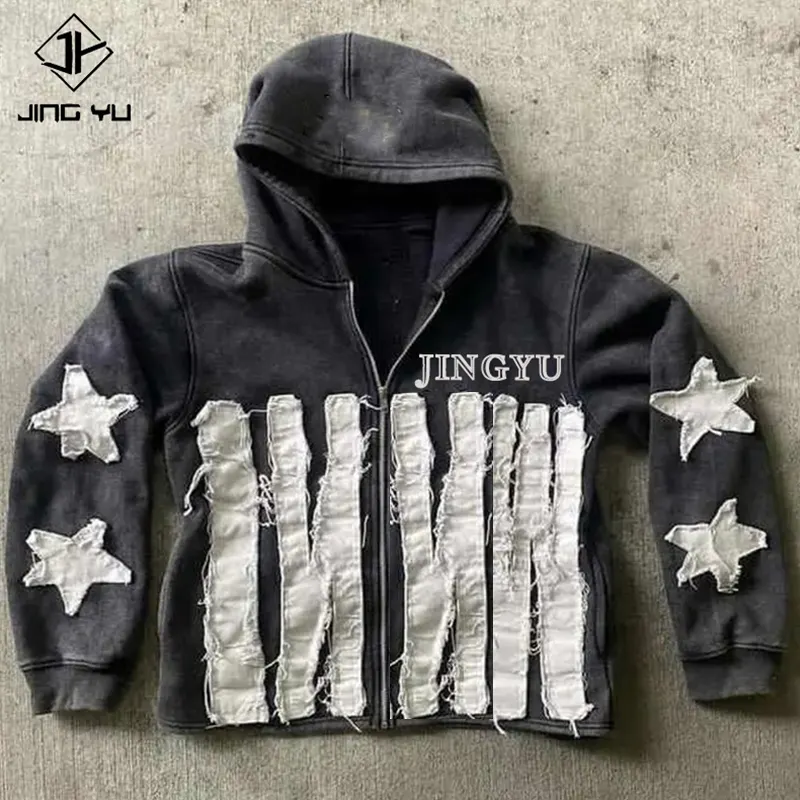 Fabricant personnalisé fermeture éclair vintage fermeture éclair broderie patchwork poids lourd vieilli applique patch stone acid wash sweat à capuche