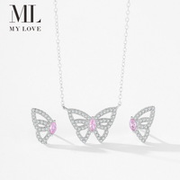 Ensemble collier et boucles d'oreilles en argent sterling 925 plaqué rhodium, motif papillon rose micro-pavé CZ, hypoallergénique, anti-ternissement, cadeaux