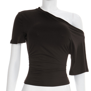 Viviblook Y26TP037 Camiseta de verano para mujer, Top corto informal con hombros descubiertos, cuello elástico de color sólido para mujer - Product Image 2