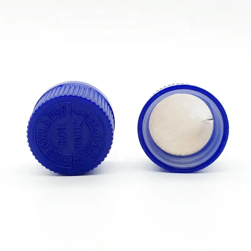 Tampas resistentes da criança do crc azul plástico, tampas à prova de crianças com junta da folha de alumínio para garrafa farmacêutica