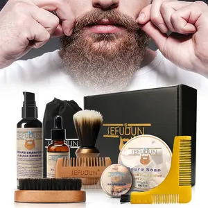 Kit de toilettage naturel de noël 10 en 1 pour barbe avec huile de croissance pour barbe baume shampoing brosse à barbe peigne brosse à rasage modèle peigne