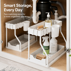 Organisateur de rangement moderne en plastique à double niveau avec tiroir coulissant et crochets, pour comptoir et armoire, en stock en Pologne, livraison directe UE - Product Image 3