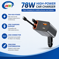 Chargeur de voiture HNT 78W 4-en-1 PD avec câble USB-C rétractable, charge rapide, protection OTP pour téléphones mobiles QC3.0