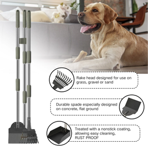 Kit de bac à crottes et râteau pour chien, 3 pièces, pelle à crottes en métal, pelle d'élimination des déchets pour animaux de compagnie avec longues poignées sectionnelles réglables - Product Image 4