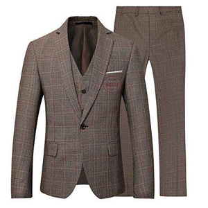 Traje de 3 Piezas a Cuadros de Tela Tejida Marrón, Corte Slim Fit, Mezcla de Lana Premium, Traje a Cuadros para <span class=keywords><strong>Hombre</strong></span>, Blazer - Product Image 1