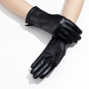 Precio barato negro pantalla táctil invierno látigo Stitch guantes de cuero para las mujeres