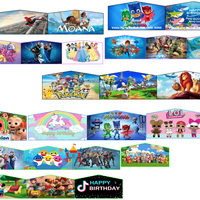 Bannières personnalisées sur divers thèmes de personnages de dessins animés, pour châteaux gonflables et promotions publicitaires en structures gonflables.