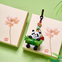 Breloque Panda en Bambou Style Chinois, Pendentif Panda Mignon en Bambou, Porte-clés Tressé Perlé, Boîte Cadeau Lotus, Souvenir