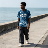 T-shirt délavé à l'acide bleu tie-dye effet soleil, impression Kornit DTG Fuji Wave, style streetwear japonais vintage, décontracté