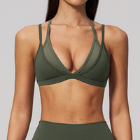 Soutien-gorge de sport pour femme, effet deux pièces, contrasté, à double bretelle spaghetti et col en V, pour le yoga, le Pilates, la gym et le quotidien