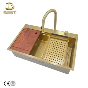 Fregadero de cocina de cascada de oro de lujo hecho a mano 80*46 juego completo de acero inoxidable tazón único forma cuadrada delantal frente dos - Product Image 2