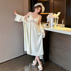 Nuova estate camicia <span class=keywords><strong>da</strong></span> <span class=keywords><strong>notte</strong></span> <span class=keywords><strong>da</strong></span> donna in seta di ghiaccio elegante camicia <span class=keywords><strong>da</strong></span> <span class=keywords><strong>notte</strong></span> a maniche lunghe due pezzi pigiama Sexy in pizzo camicia <span class=keywords><strong>da</strong></span> <span class=keywords><strong>notte</strong></span> <span class=keywords><strong>lunga</strong></span> - Product Image 4