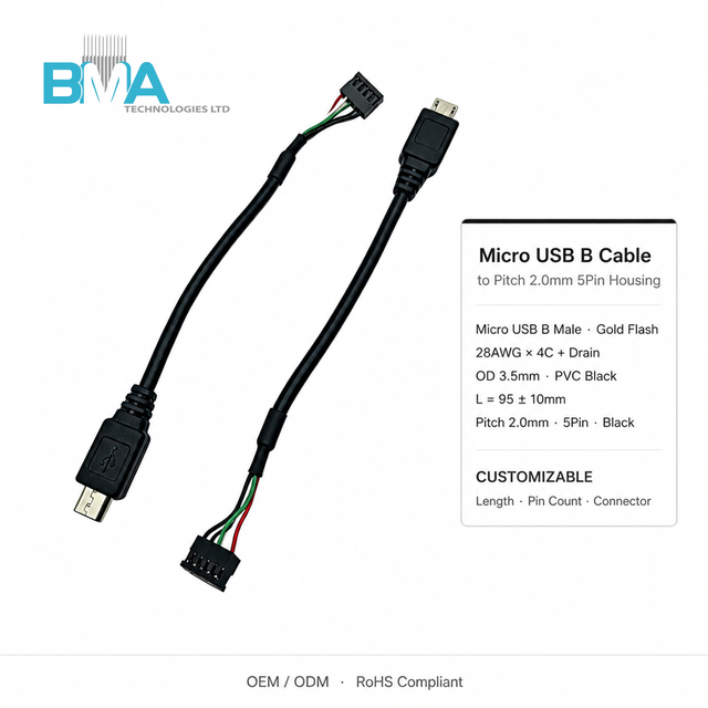 Micro USB B Male to 2.0mm Pitch 5Pin Cable,28AWG Tinned Copper PVC Shielded Wire Harness for PCB Signal Wiring