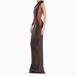 <span class=keywords><strong>Robe</strong></span> <span class=keywords><strong>moulante</strong></span> marron ZYHT 70083 sexy en maille, sans manches, col montant, fendue, pour club, soirée, formelle ou décontractée - Product Image 1