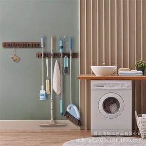 Wooden Wall Mounted <b>Mop</b> And Broom Rack With Hooks For <b>Cleaning</b> Tools Storage Punch Free Installation - Product Image 1