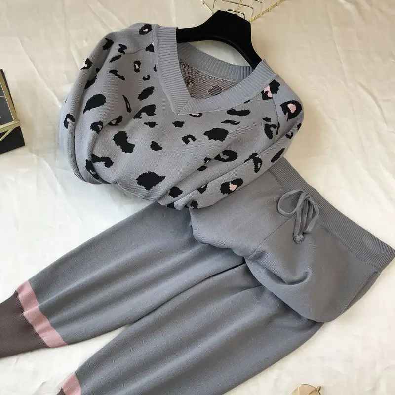 Spring Women Knitted Tracksuits 2 Piece Sets Women Costume V Neck Leopard Pullover Sweater + Knitted Pencil Pants Suits