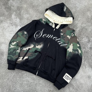Hoodie Homme Oversize en Coton Effet Vieilli, Coupe Boxy, Double Capuche, Camouflage Personnalisé, Épaules Tombantes, Double Fermeture Éclair, Style Designer - Product Image 1