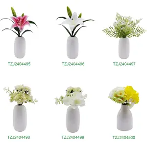 High Quality Custom White Greenish Lily Bonsai Fake Flowers Green Plants Potted Artificial Home With Pots