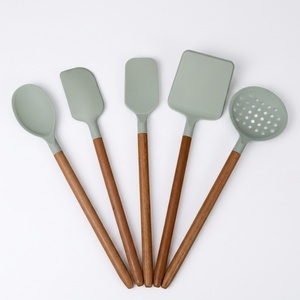 5Pcs Beech Wood <b>Kitchen</b> Utensils Set <b>Kitchen</b> <b>Gadgets</b> Silicone Shovel Spatula Set Cooking <b>Tool</b> Non-Stick Silicone Utensils Set - Product Image 1