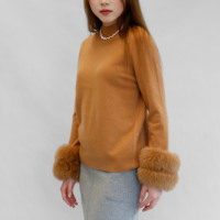 Pull en laine élégant et léger pour femmes, avec poignets en fourrure de renard véritable, pull d'hiver en tricot sans couture
