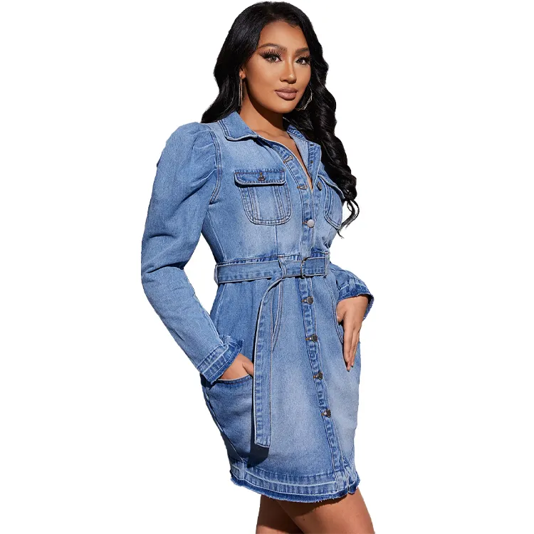 Đầm Áo Khoác Denim Tay Bong Bóng Đầm Nữ Vải Denim Có Thắt Lưng Có Túi Có Nắp