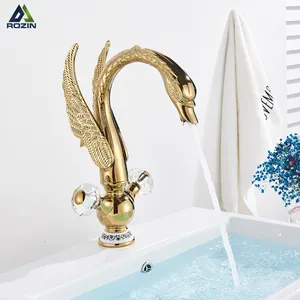 Rozin-grifo cromado para lavabo, color negro y dorado, estilo Cisne, con mango de cristal, mezclador frío y caliente, para cocina, rotación 360