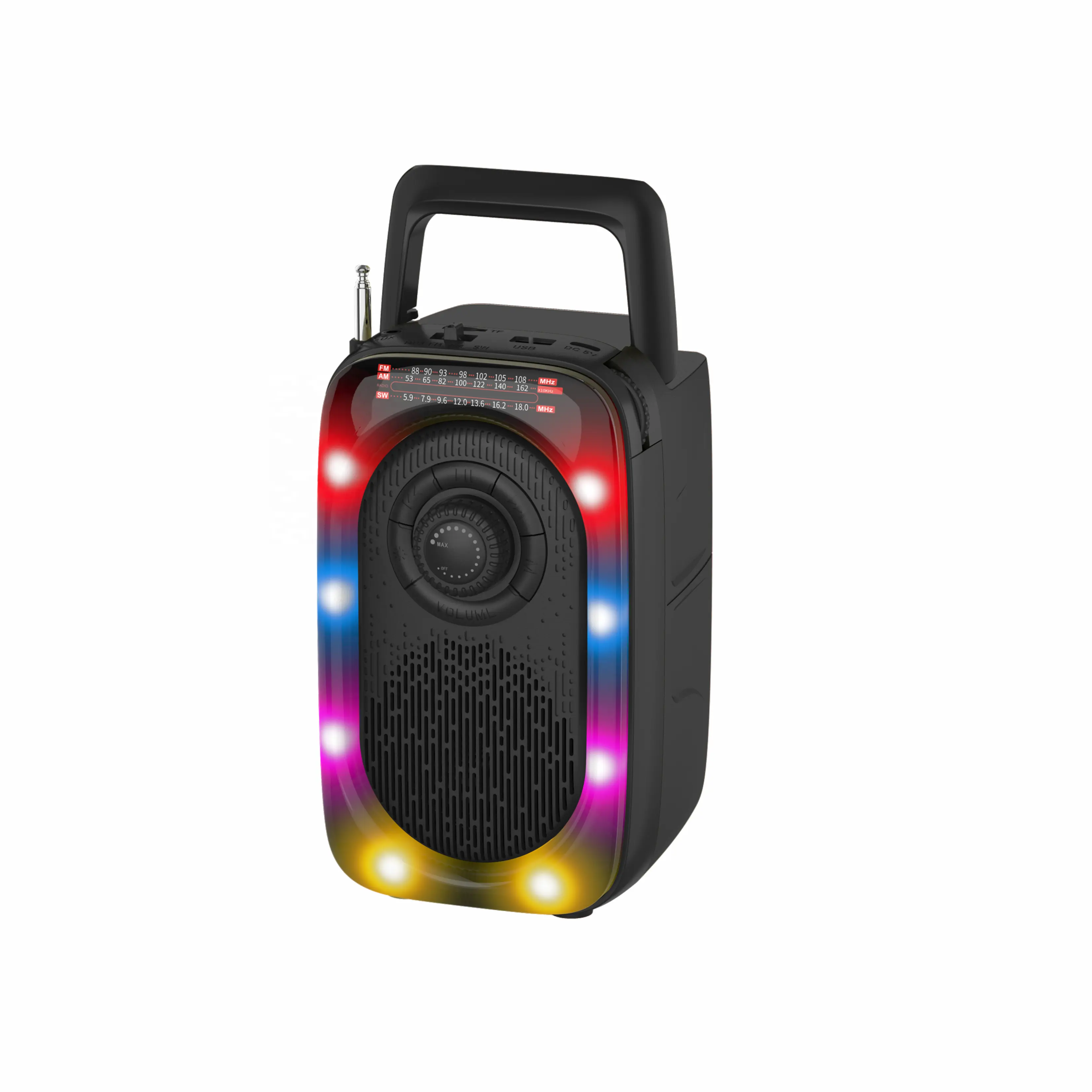 2024 من مصنع المعدات الأصلي مباشرة للبيع تصميم عتيق RGB بألوان خفيفة راديو FM AM SW قابل للشحن راديو BT USB TF AUX سماعات محمولة مدمجة