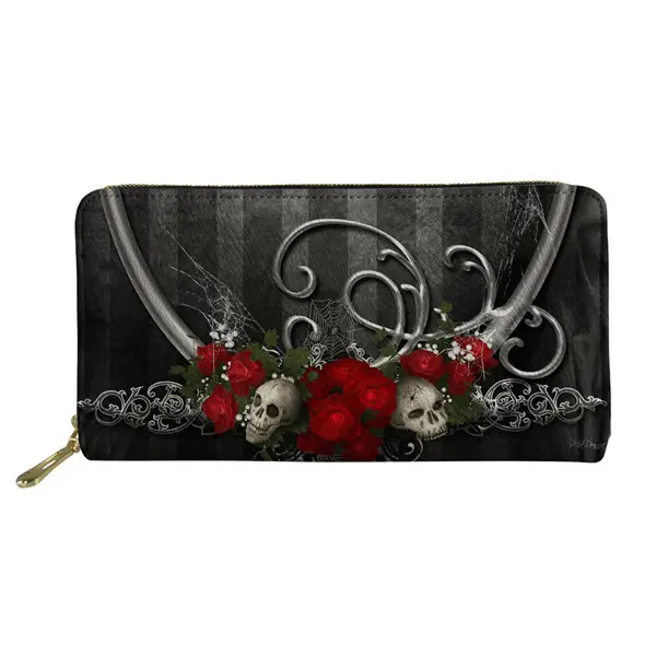 Women Long Wallets Gothic Skulls Printed Cash Waterproof PU Leather Money Purse Coin Purse Card Holder Phone Pocket