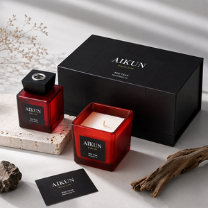 Aikun Square Bottle Natural Soy Wax Black Gift Box Home Aroma Packaging Red Glass <b>Reed</b> <b>Diffuser</b> Candle Set <b>For</b> Retail Shops - Product Image 1