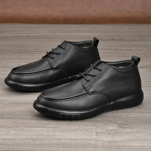 Bottes Martin en cuir véritable pour hommes, hauteur cheville, bout rond, à lacets, doublure en peluche, semelle en caoutchouc, chaussures chaudes isolantes pour l'hiver - Product Image 4