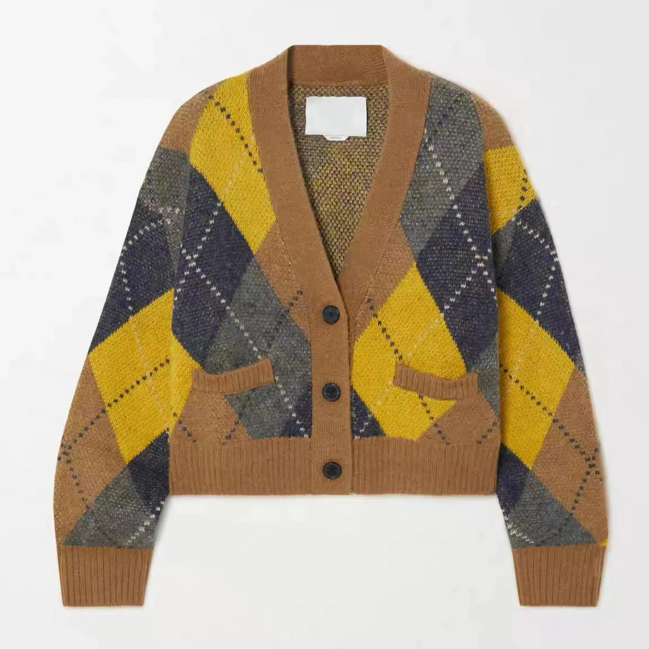 Custom Long Sleeve Knitted Winter Knitwear Geometric Designer Cardigan Women Sweater