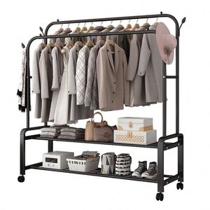 NOUVEAU Porte-<span class=keywords><strong>vêtements</strong></span> double <span class=keywords><strong>sur</strong></span> <span class=keywords><strong>roulettes</strong></span>, design simple et tendance, pour suspendre les <span class=keywords><strong>vêtements</strong></span>, noir - Product Image 3