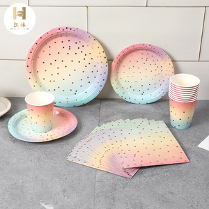 Hanlin Disposable Party Tableware Set Paper Plates Cups Napkins Rainbow Gold Dots Pattern For Party - Product Image 1