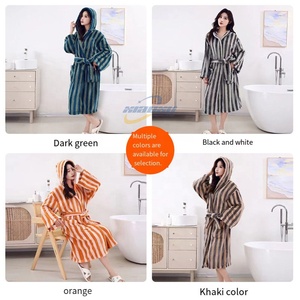 Retro Knee Length Dressing Gown Wholesale Knee Length Bath Robes Hooded <strong>Green</strong> Stripe Winter Home Good Absorption <strong>Bathrobe</strong> - Product Image 6