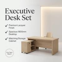 Bureau de direction moderne de luxe léger en laque durable, avec panneau technique écologique, grand meuble latéral, couleur bois naturel, modèle Président