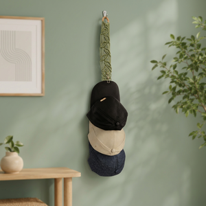 Porte-chapeaux mural en macramé, corde de coton, style bohème, avec crochets, organisateur de rangement multifonctionnel pliable pour portes et murs - Product Image 2
