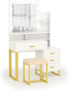 Bàn Trang Điểm Với Gương Chiếu Sáng, Bàn Trang Điểm Với Đèn LED, Ngăn Kéo, Giá Lưu Trữ Và Ghế Bọc, Nhỏ - Product Image 4