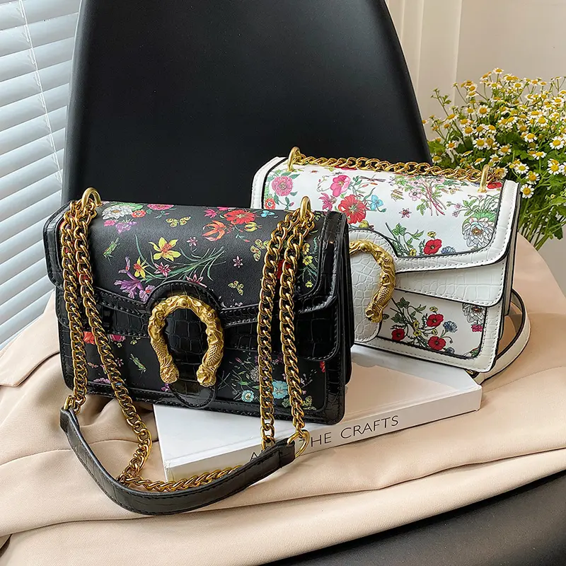 New Arrival Flower Print Luxury Designer Purse Handbag Chain Leather Messenger Branded Bag For Women 2022