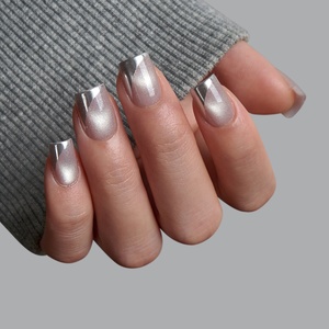 BTArtbox Sliver Metallic Cat Eye Press on <b>Nails</b> <b>Sets</b> Wholesale Short Square Soft Gel X Luxury French Summer Fake False <b>Nails</b> - Product Image 1