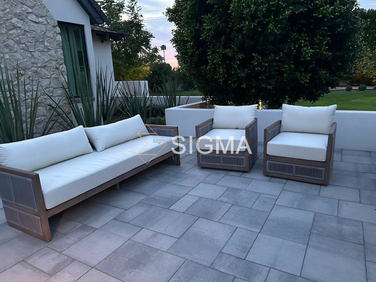 Factory Custom Patio High End Solid Wooden Sofa Set Modern All Weather Teak Wood Rope Sofa Outdoor Furniture Garden Sofa