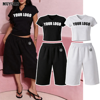 Ensemble décontracté 2 pièces pour femme, couleur unie, haut court à col en V et pantalon capri en coton et élasthanne, tenue de détente pour le quotidien