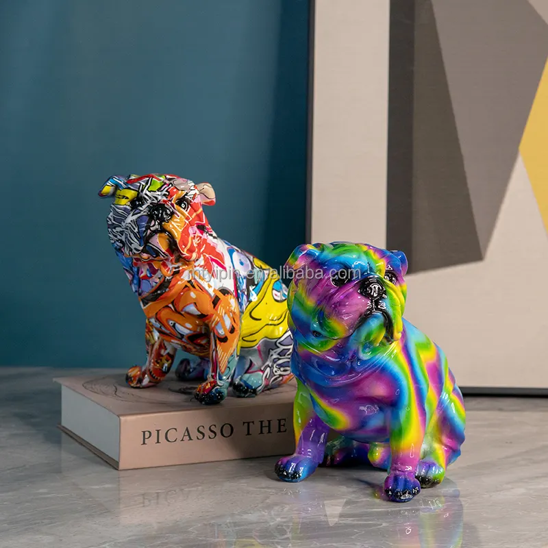 Custom Design Animals Creative Colorful Modern Resin Sculpture Sitting Bulldog Statue Figurine For Home Decor