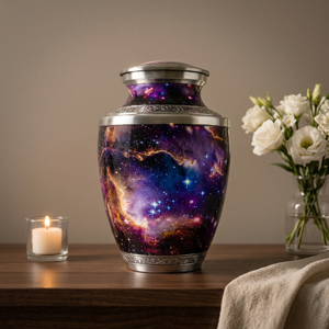 Urna de Latón Hecha a Mano Estilo Art Deco con Acabado de Terciopelo Grabado, Diseño Noche Estrellada, Forma Cilíndrica - 220 Pulgadas Cúbicas - Product Image 1